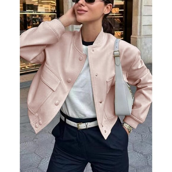 Women Pink Cropped Bomber Jacket Button Down Varsity Shacket with Pockets - Picture 2 of 4